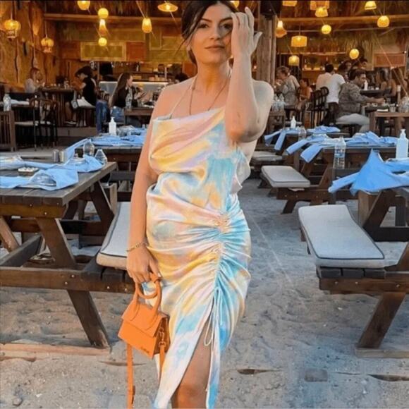 Zara pastel tie dye satin rainbow ruched ruched midi dress blogger size XS - Picture 3 of 11